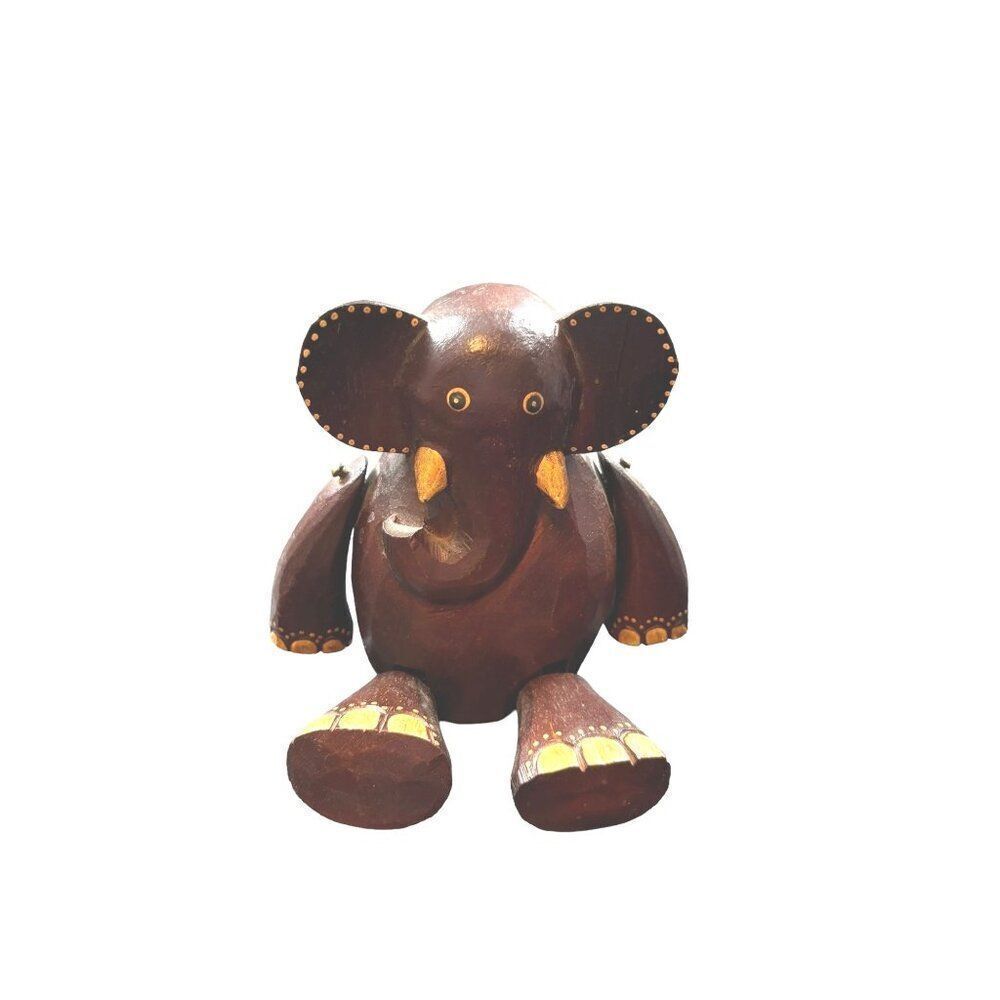 Hand-Carved Wooden Elephant Figurine With Hinged Legs & Decorative Accents